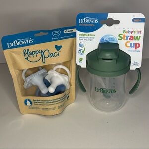 Dr. Brown's Baby Lot First Training Weighted Straw Cup & Blue Happy Paci 3ct NEW